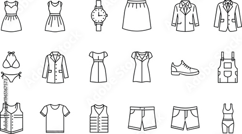 Minimalist Clothing Line Icon Set Featuring Fashion Apparel, Menswear Suits, Summer Dresses, Accessories, Footwear, and Casual Wear for Retail Website UI Design
