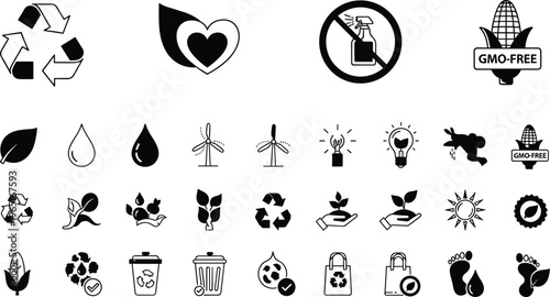 Eco Friendly Icon Set with Recycle Symbols, Green Energy Wind Turbines, GMO Free Labels, Sustainable Organic Nature Elements, and Environmental Conservation Graphics