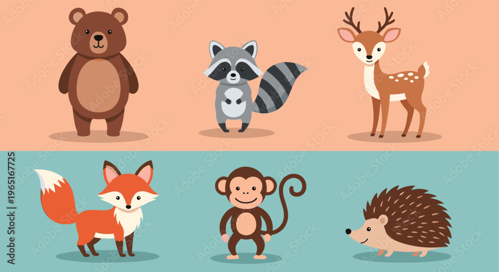 Obraz premium Set of six cute cartoon forest animals including a bear, raccoon, deer, fox, monkey, and hedgehog on colored backgrounds.