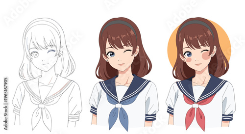 Progression of an anime girl character design from a basic line drawing to a fully colored and shaded final illustration.