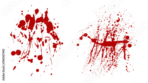 Set of blood splatter, red ink splashes, and drops on transparent background.