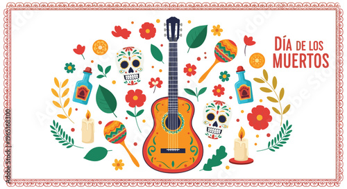 Traditional Dia de los Muertos celebration poster featuring a guitar, sugar skulls, flowers, maracas, and candles.