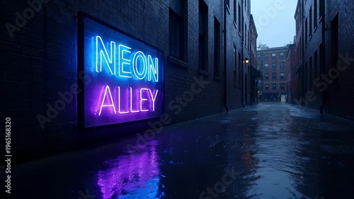 Neon alley rainy evening with wet reflection