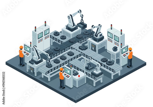 Isometric 3D view vector illustration of automated assembly line with robotic arms, conveyor belts and engineers supervising smart manufacturing process in modern factory interior
