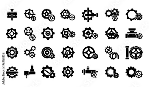Industrial Gearwheel Icons Black Flat Vector Engineering Mechanism Set