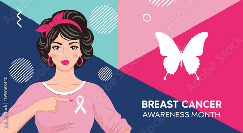 Breast cancer awareness month banner featuring a stylish woman pointing to a pink ribbon and a white butterfly symbol.