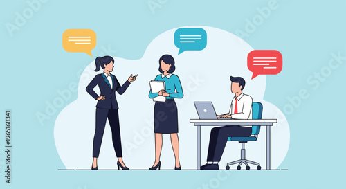 Group of business professionals communicating in a modern office environment with colorful speech bubbles above them.