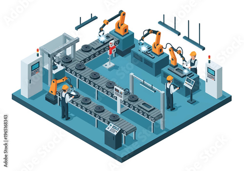 Isometric 3D view vector illustration of automated assembly line with robotic arms, conveyor belts and engineers supervising smart manufacturing process in modern factory interior