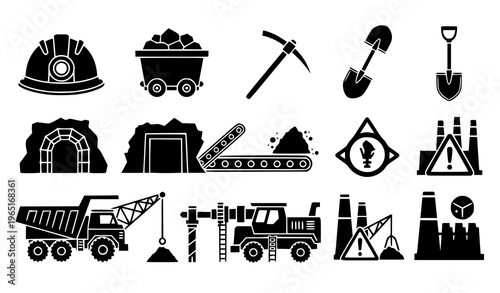 Coal Mining Industry Icons Black Vector Mining Equipment Symbol Set