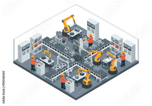 Isometric 3D view vector illustration of automated assembly line with robotic arms, conveyor belts and engineers supervising smart manufacturing process in modern factory interior