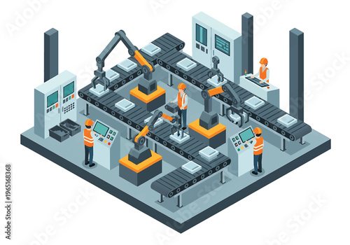 Isometric 3D view vector illustration of automated assembly line with robotic arms, conveyor belts and engineers supervising smart manufacturing process in modern factory interior
