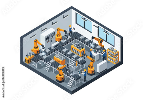 Isometric 3D view vector illustration of automated assembly line with robotic arms, conveyor belts and engineers supervising smart manufacturing process in modern factory interior