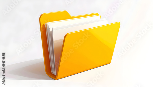 Shiny yellow folder with papers inside file management concept in bright modern design