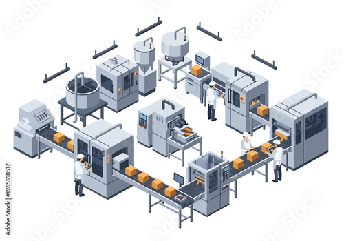 Isometric 3D view vector illustration of food processing factory interior with packaging machines, conveyor system and uniformed workers in clean hygienic production facility