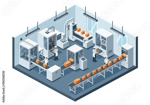 Isometric 3D view vector illustration of food processing factory interior with packaging machines, conveyor system and uniformed workers in clean hygienic production facility
