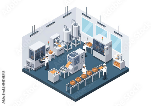 Isometric 3D view vector illustration of food processing factory interior with packaging machines, conveyor system and uniformed workers in clean hygienic production facility