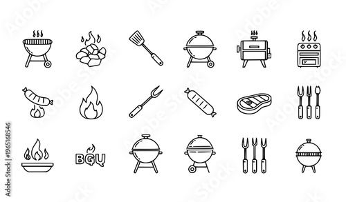 BBQ Grill Icons Set Black Line Barbecue Cooking Equipment Vector Collection