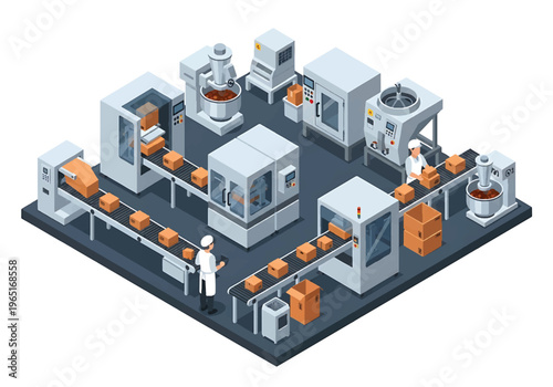 Isometric 3D view vector illustration of food processing factory interior with packaging machines, conveyor system and uniformed workers in clean hygienic production facility