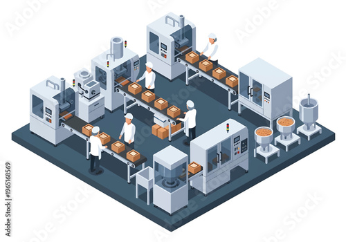 Isometric 3D view vector illustration of food processing factory interior with packaging machines, conveyor system and uniformed workers in clean hygienic production facility