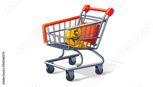 Shopping cart with a coin and a red package inside a cartoon illustration style