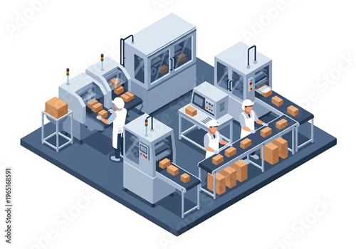 Isometric 3D view vector illustration of food processing factory interior with packaging machines, conveyor system and uniformed workers in clean hygienic production facility