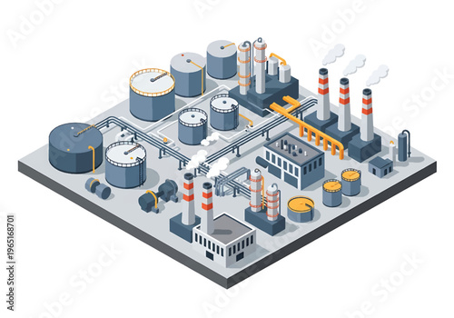 Isometric 3D view vector illustration of oil refinery complex with storage tanks, pipelines and chimneys in organized industrial zone, energy and petrochemical industry concept