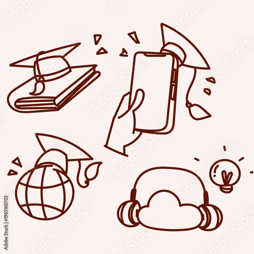 A set of four modern e-learning icons in a charming, hand-drawn doodle style. Features books with a graduation cap, a hand holding a smartphone, a globe with a cap, and an idea cloud with headphones a