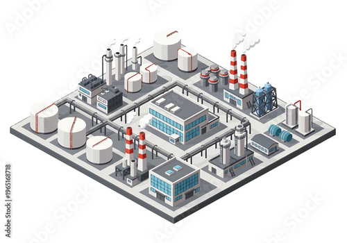 Isometric 3D view vector illustration of oil refinery complex with storage tanks, pipelines and chimneys in organized industrial zone, energy and petrochemical industry concept