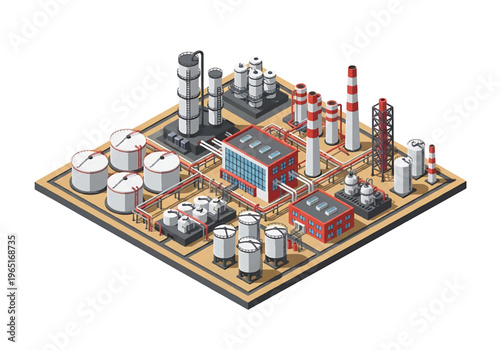 Isometric 3D view vector illustration of oil refinery complex with storage tanks, pipelines and chimneys in organized industrial zone, energy and petrochemical industry concept