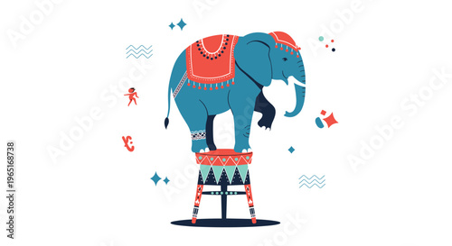 Circus elephant performing on a colorful stool surrounded by festive decorative elements and stars on a white background.