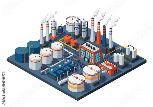 Isometric 3D view vector illustration of oil refinery complex with storage tanks, pipelines and chimneys in organized industrial zone, energy and petrochemical industry concept
