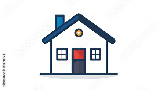 Simple house icon illustration with chimney and windows in cartoon style