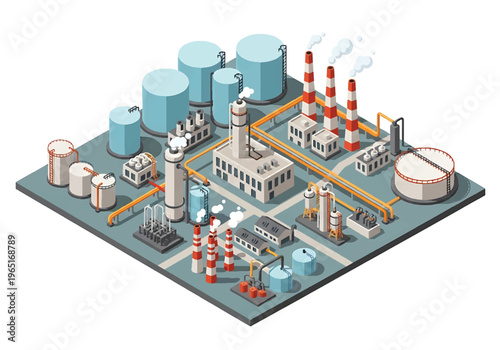 Isometric 3D view vector illustration of oil refinery complex with storage tanks, pipelines and chimneys in organized industrial zone, energy and petrochemical industry concept