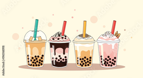 Row of four different flavors of bubble tea in plastic cups with colorful straws and black tapioca pearls on light background.