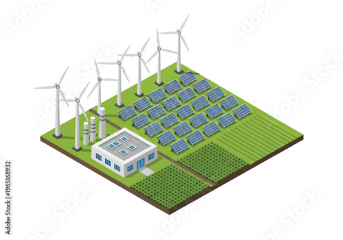 Isometric 3D view vector illustration of renewable energy industrial plant with wind turbines, solar panels and control building in eco friendly power generation facility