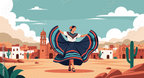 Mexican woman in traditional dress performing a folkloric dance in a desert village with cactus and mountain scenery.