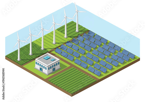 Isometric 3D view vector illustration of renewable energy industrial plant with wind turbines, solar panels and control building in eco friendly power generation facility