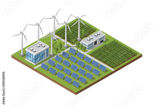 Isometric 3D view vector illustration of renewable energy industrial plant with wind turbines, solar panels and control building in eco friendly power generation facility