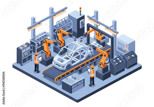 Isometric 3D view vector illustration of automotive manufacturing factory with car chassis on conveyor, robotic welding arms and engineers supervising vehicle production line
