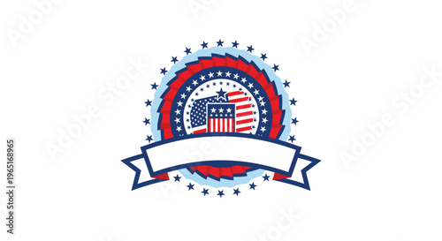 American themed circular badge with stars and stripes ribbon for patriotic holidays like Fourth of July or Veterans Day.