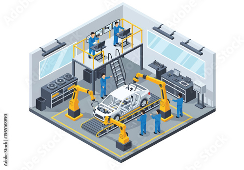 Isometric 3D view vector illustration of automotive manufacturing factory with car chassis on conveyor, robotic welding arms and engineers supervising vehicle production line