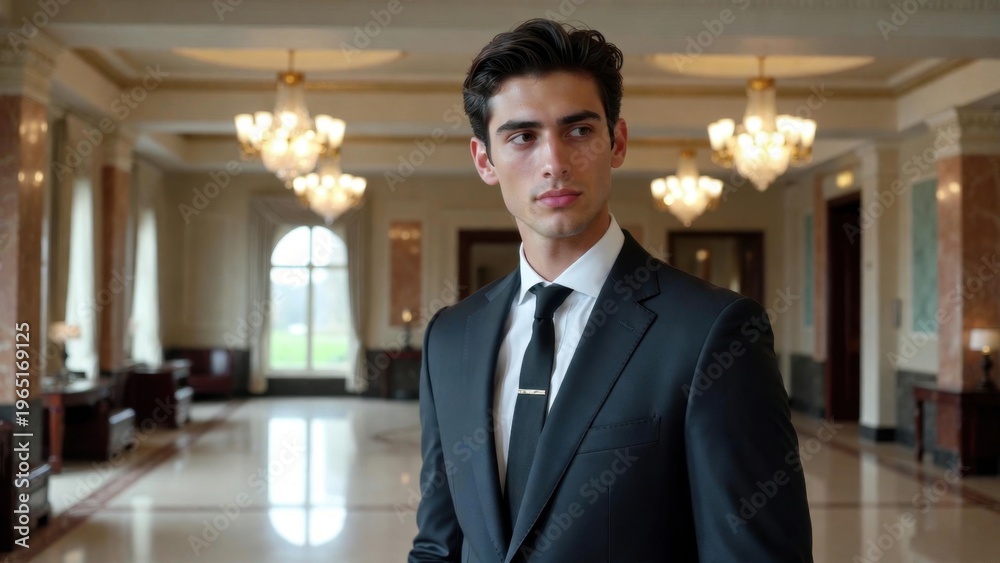 Fototapeta premium Young man wearing suit standing in polished marble foyer