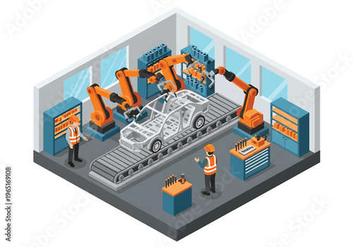 Isometric 3D view vector illustration of automotive manufacturing factory with car chassis on conveyor, robotic welding arms and engineers supervising vehicle production line