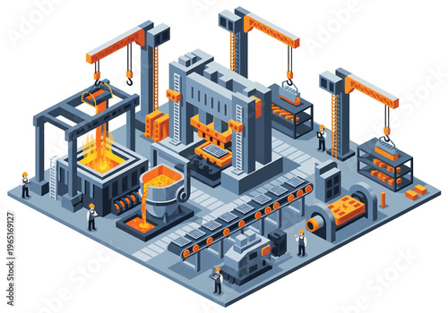 Isometric 3D view vector illustration of steel manufacturing plant with furnace, cranes and heavy machinery in organized metal production industrial facility