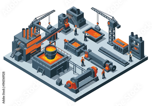 Isometric 3D view vector illustration of steel manufacturing plant with furnace, cranes and heavy machinery in organized metal production industrial facility