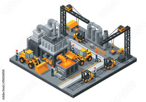 Isometric 3D view vector illustration of steel manufacturing plant with furnace, cranes and heavy machinery in organized metal production industrial facility