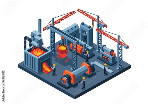 Isometric 3D view vector illustration of steel manufacturing plant with furnace, cranes and heavy machinery in organized metal production industrial facility
