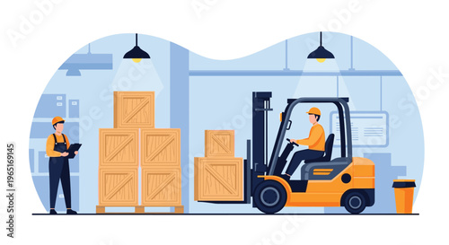 Warehouse workers moving wooden crates using an orange forklift under bright lights in a large industrial storage facility.