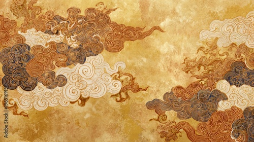 浮き彫り状の金の祥雲と唐草文様、伝統的な吉祥パターン