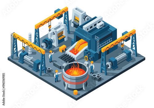 Isometric 3D view vector illustration of steel manufacturing plant with furnace, cranes and heavy machinery in organized metal production industrial facility